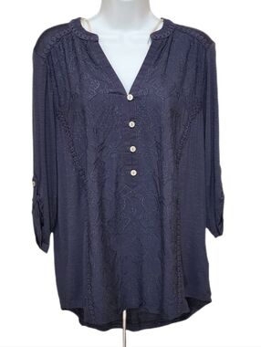 Democracy Embroidered Lace Blouse Top Split Neck Roll Tab 3/4 Sleeves Blue M